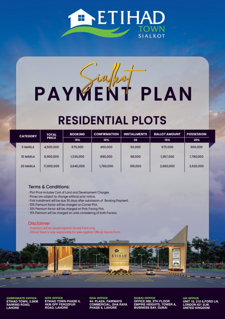 Etihad Town Sialkot Payment Plan